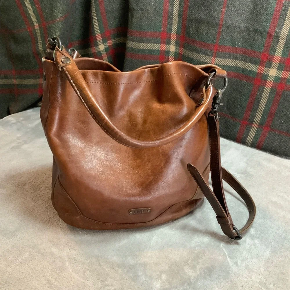 Frye Melissa Cognac Brown Leather Hobo Crossbody Bag Shoulder Tote